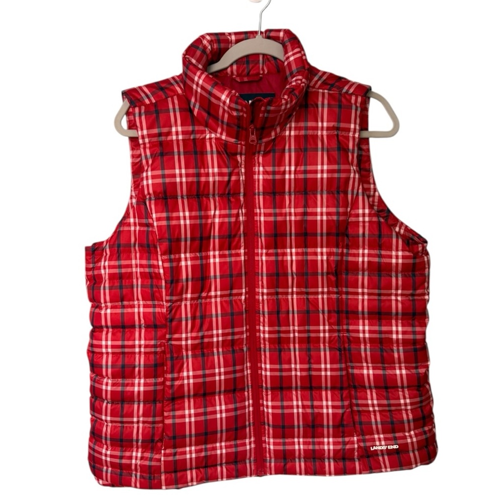 Lands’ End Down Puffer Vest Red Plaid Packable Lightweight Outerwear Size L